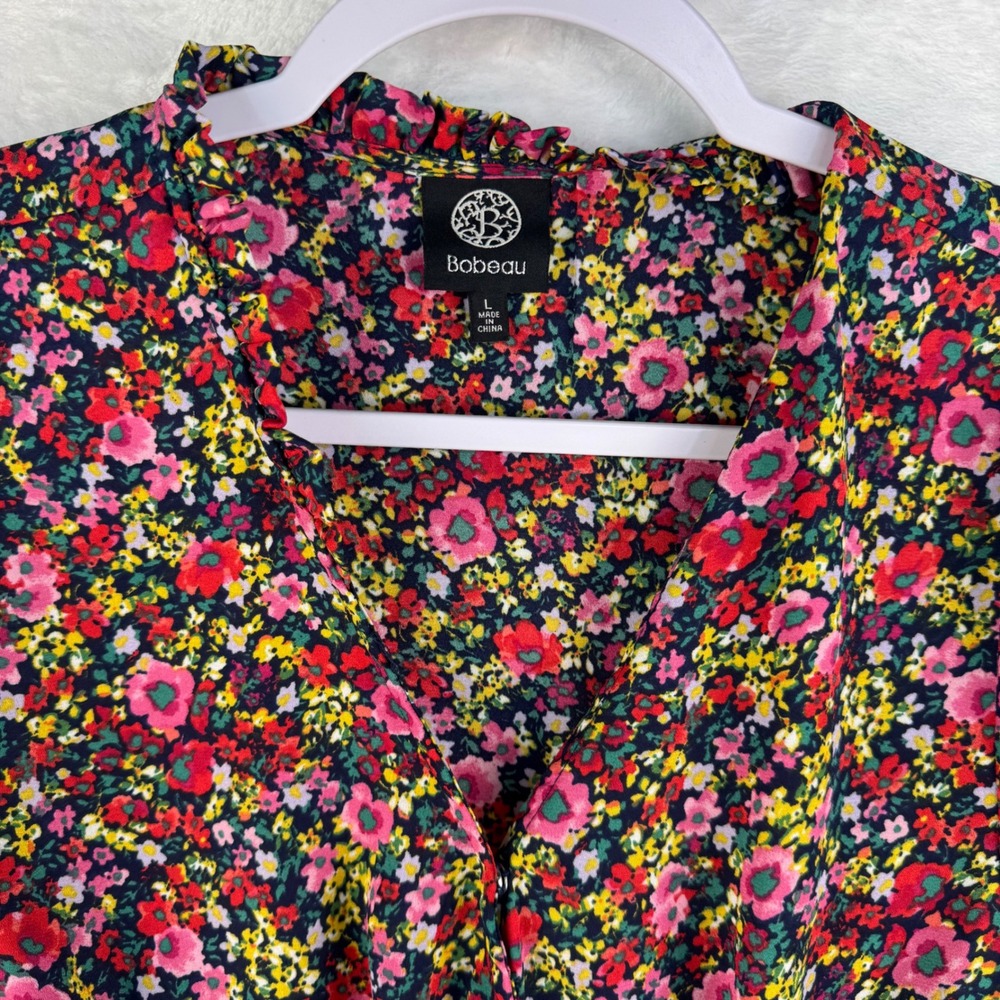 Bobeau Floral Surplice Peplum Top Short Sleeve Navy Red Ditsy Print Large - Picture 2 of 5